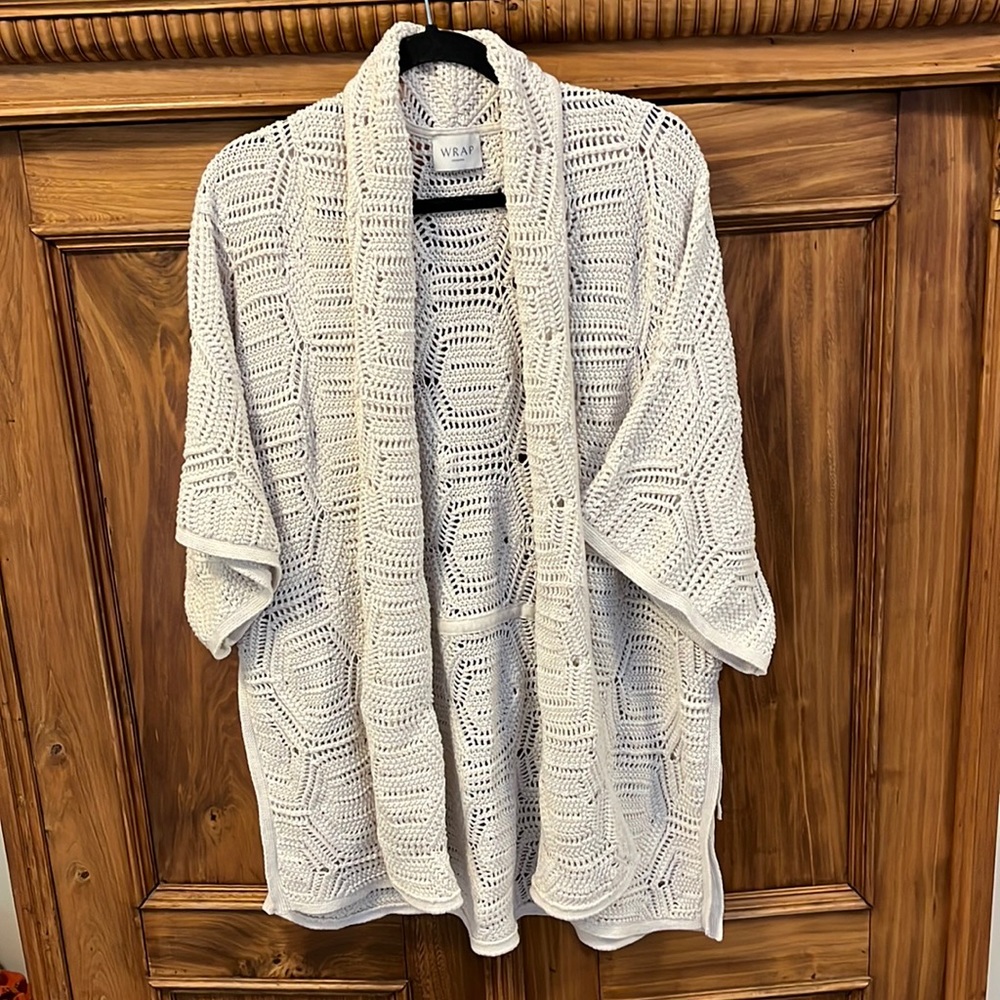 WRAP LONDON off white light weight cotton boho crochet cardigan wrap sweater.